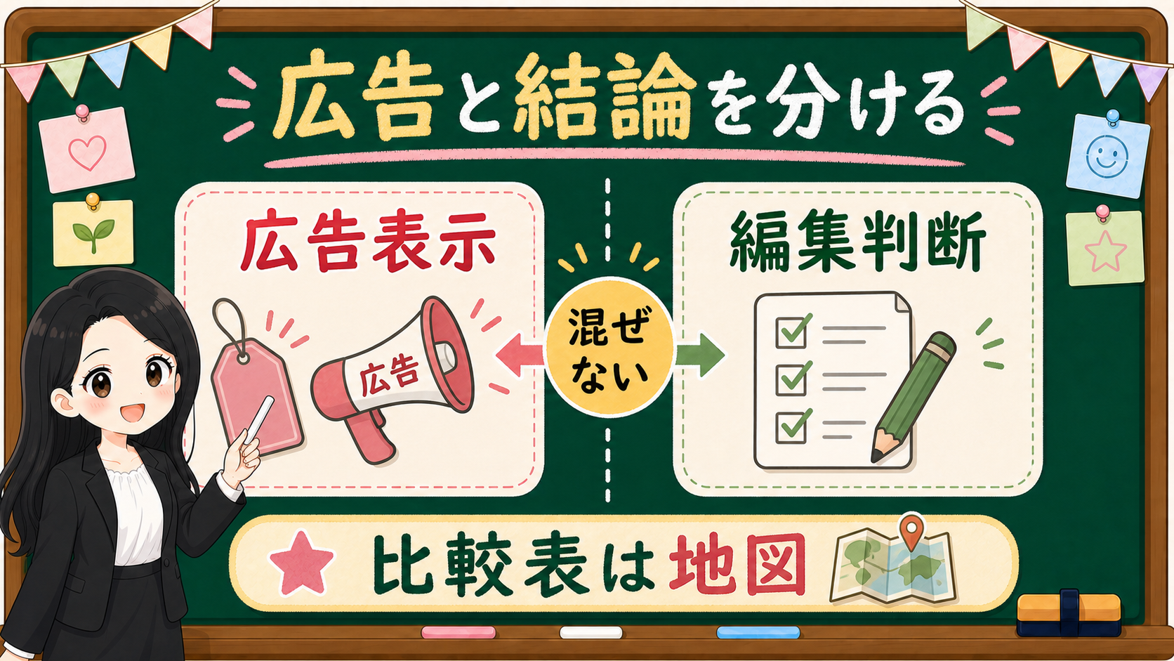 広告表示と編集判断を混ぜず比較表を地図として見る黒板図解