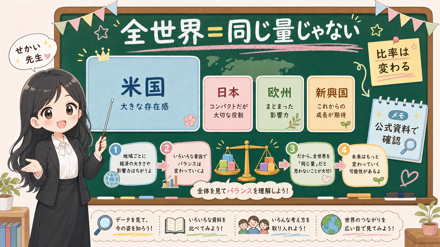 せかい先生が黒板で全世界株式は国ごとに同じ量ではなく比率が変わることを説明する図解