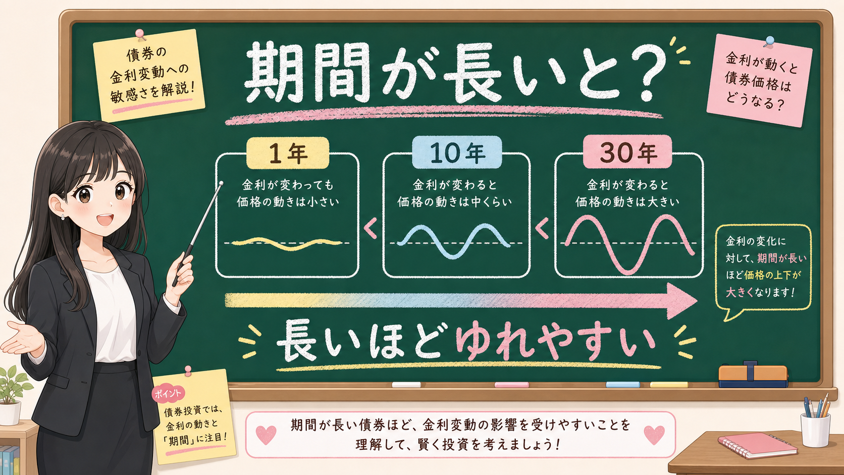 せかい先生が黒板で1年、10年、30年の債券は長いほど揺れやすいと説明する図解