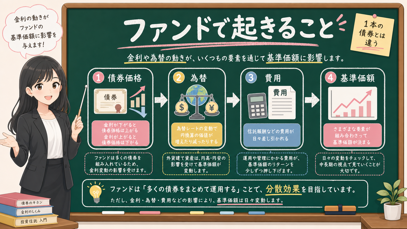 せかい先生が黒板で債券価格、為替、費用、基準価額が債券ファンドに影響することを説明する図解