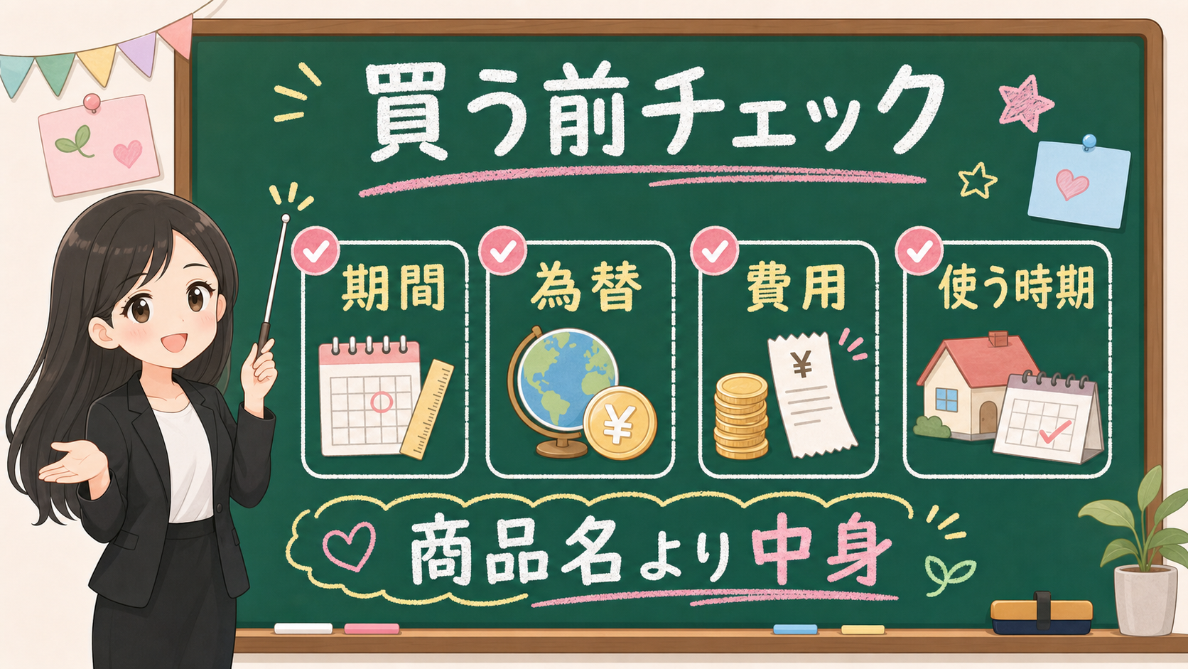 せかい先生が黒板で債券ファンドを買う前に期間、為替、費用、使う時期を確認する図解