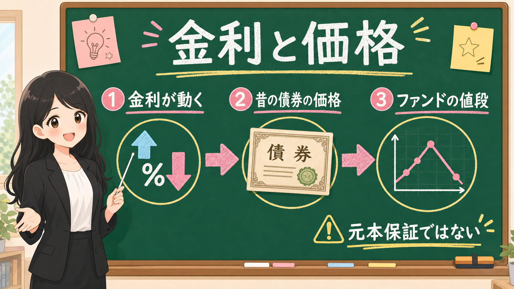 せかい先生が黒板で金利が動くと昔の債券価格とファンドの値段が動くことを説明する図解