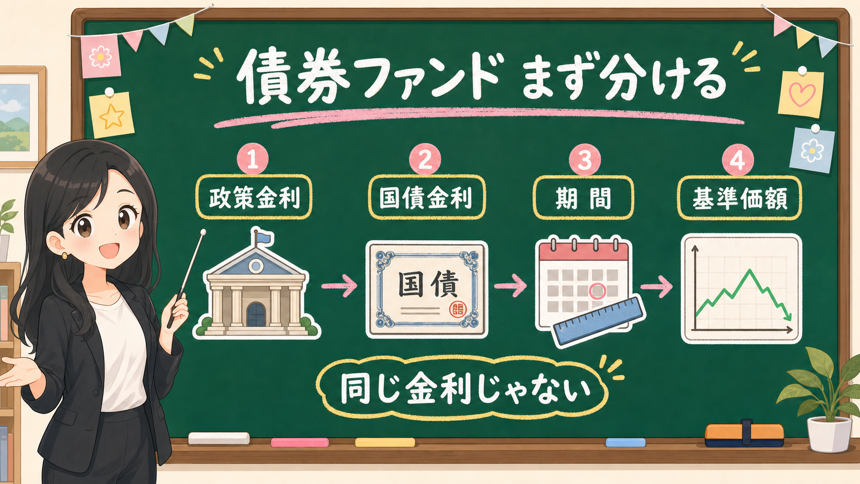 せかい先生が黒板で債券ファンドを見る時に政策金利、国債金利、期間、基準価額を分けて説明する図解