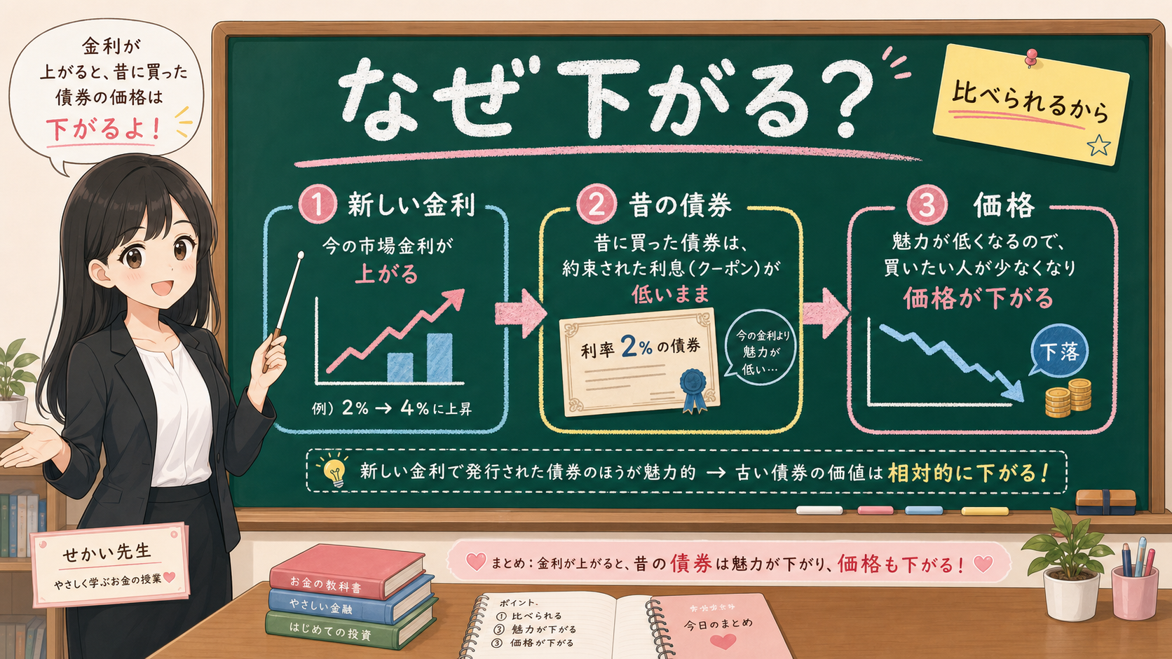 せかい先生が黒板で新しい金利、昔の債券、価格の関係を説明する図解