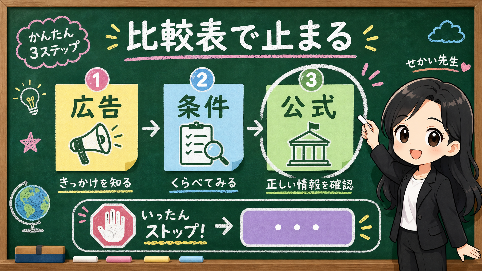 せかい先生が広告、条件、公式の3点を見て契約手続きの前で止まる黒板図解