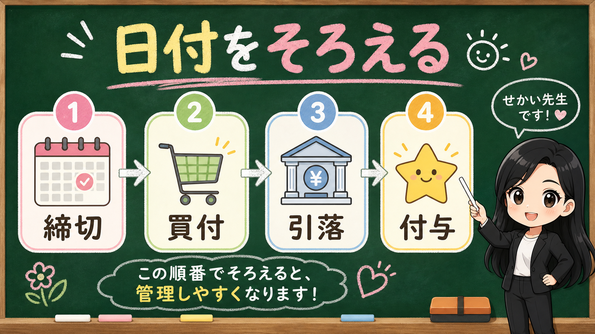 せかい先生が締切、買付、引落、付与を一本の線でそろえる黒板図解