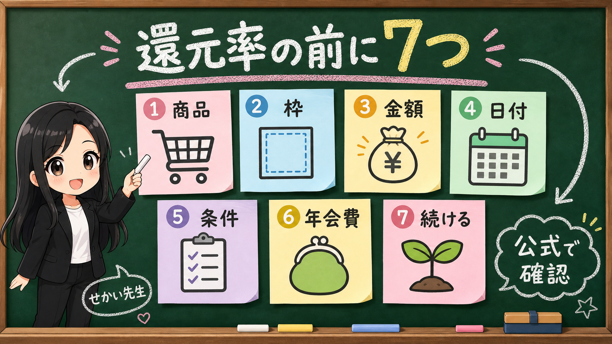 せかい先生が還元率の前に商品、枠、金額、日付、条件、年会費、続ける理由の7つを確認する黒板図解