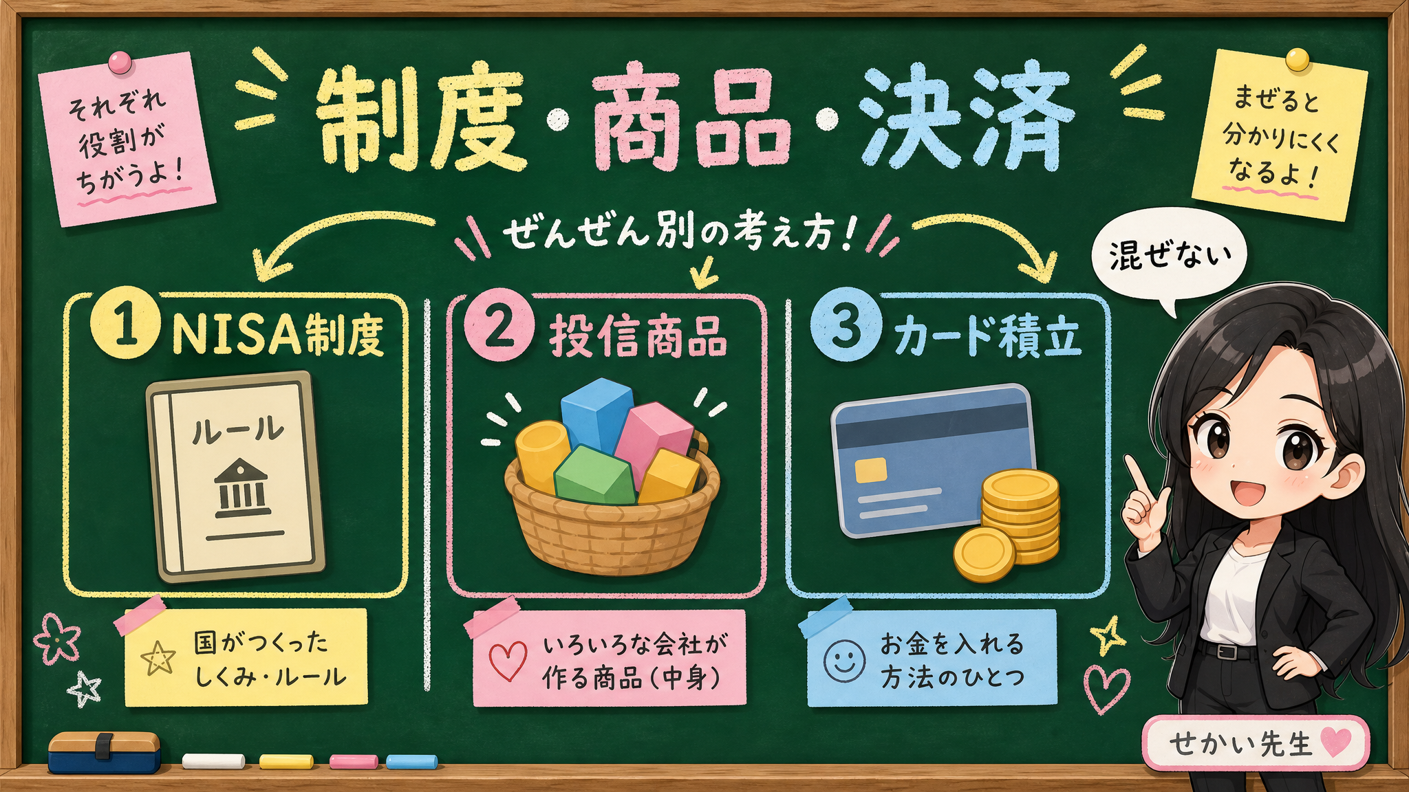 せかい先生がNISA制度、投信商品、カード積立の3つを別々の箱に分ける黒板図解