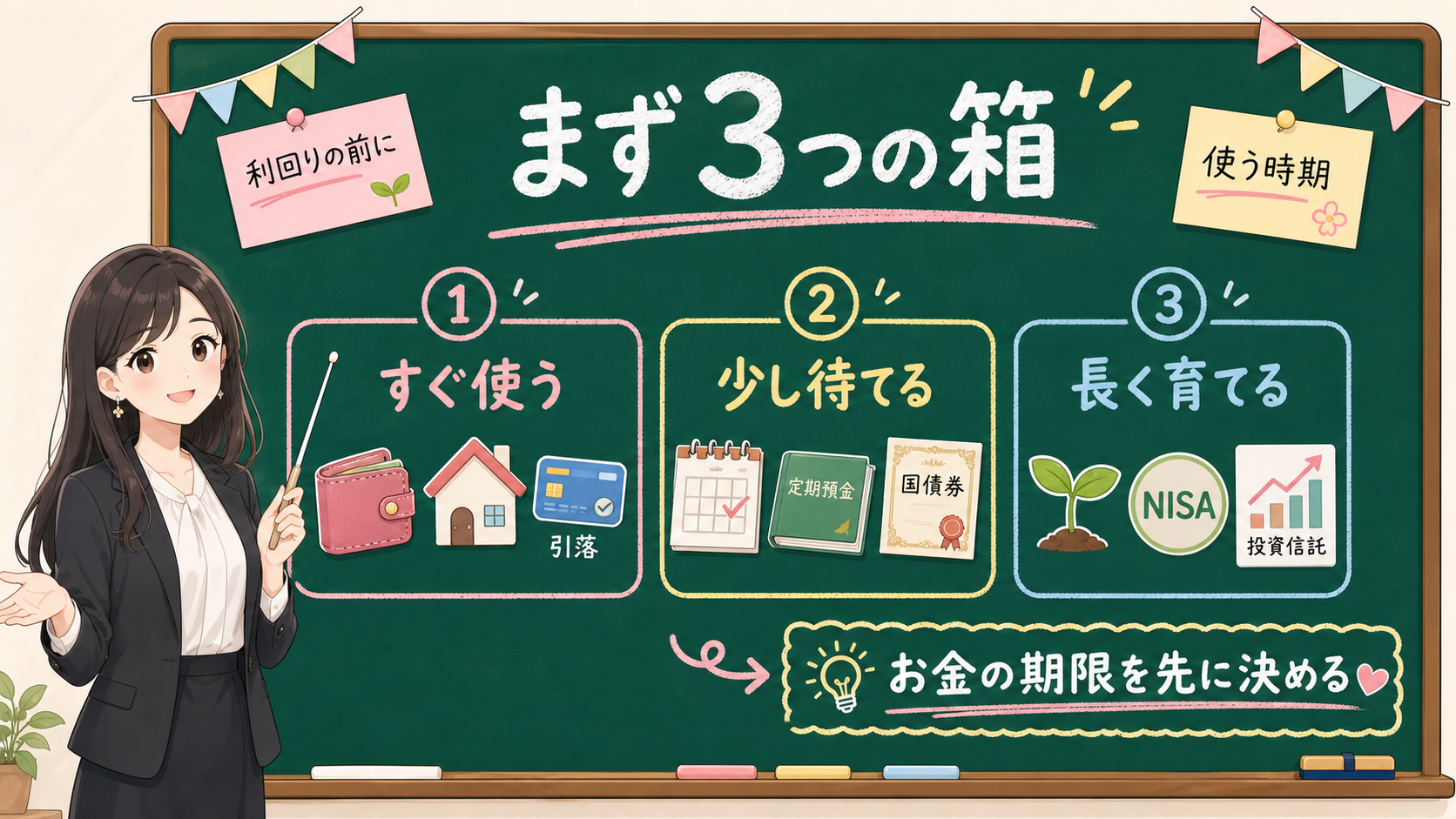 せかい先生が黒板でお金をすぐ使う、少し待てる、長く育てるの3つの箱に分ける図解