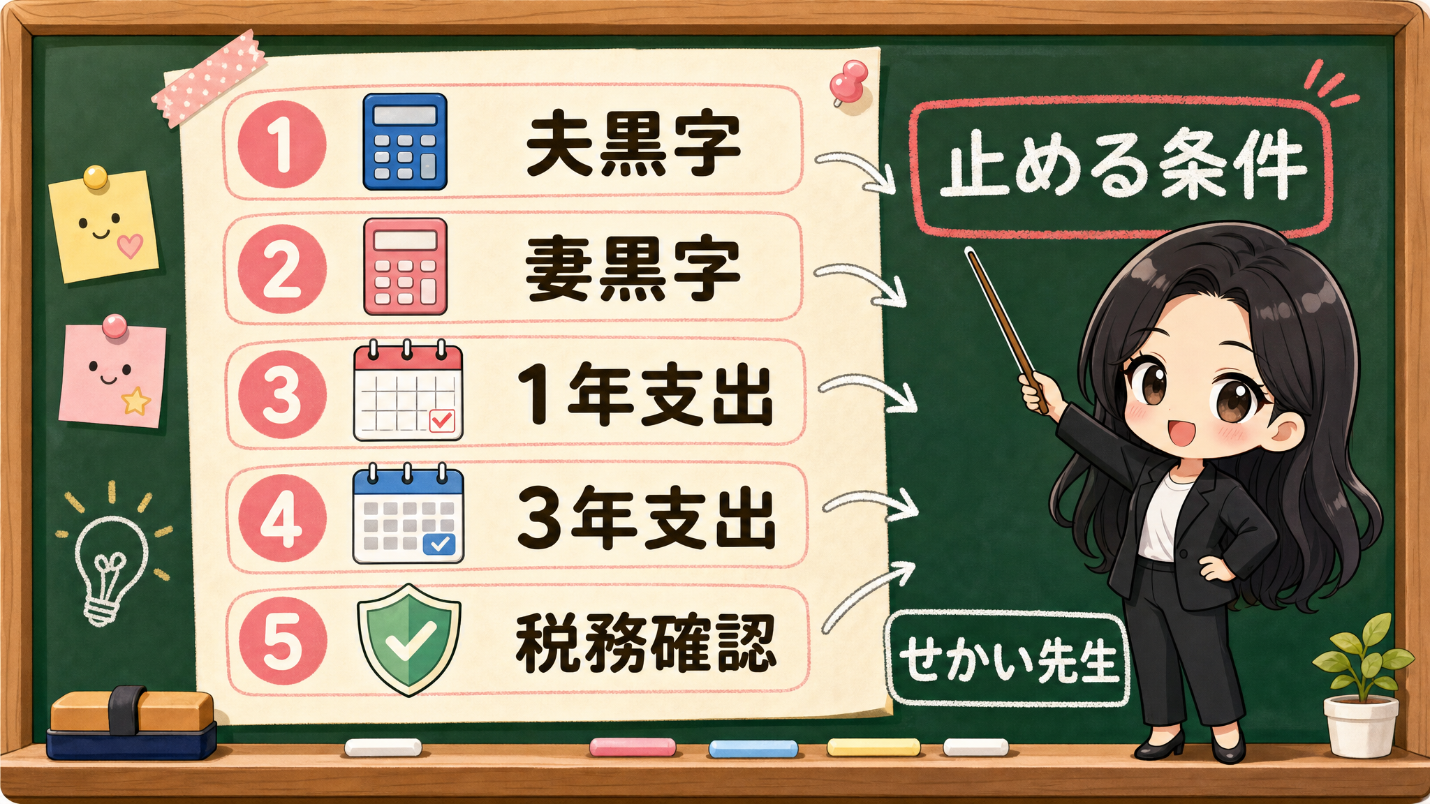 夫婦NISAの5行メモを黒板に整理するせかい先生の図解