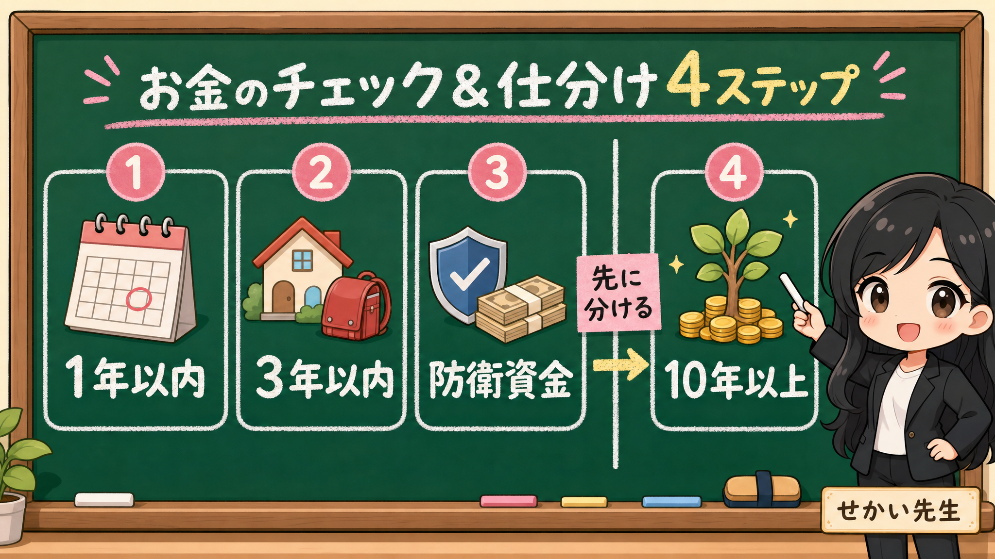 夫婦の給料、生活費、近い支出、長期余力を箱分けする黒板図解