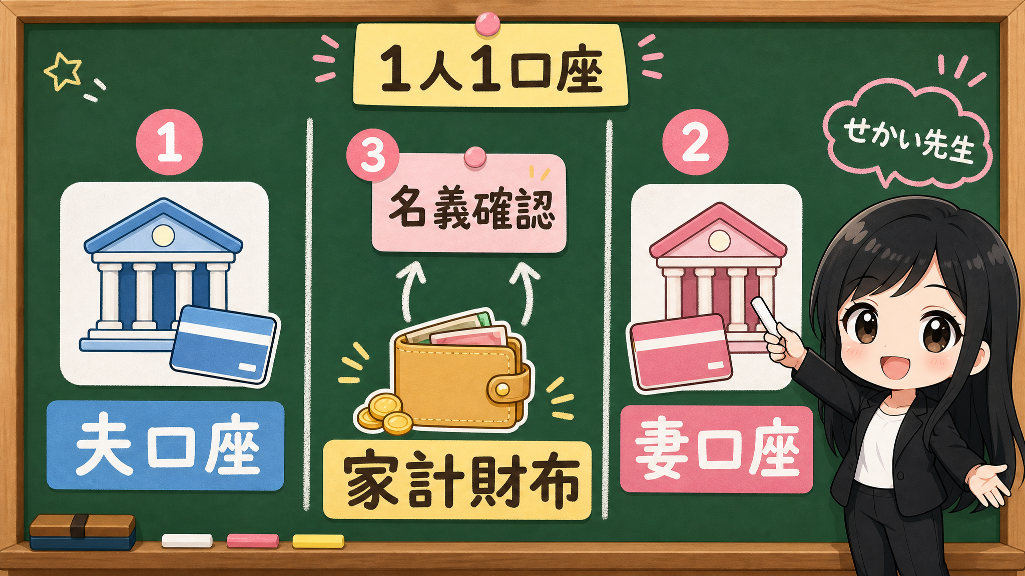 せかい先生が夫口座、妻口座、家計財布を分けて説明する黒板図解