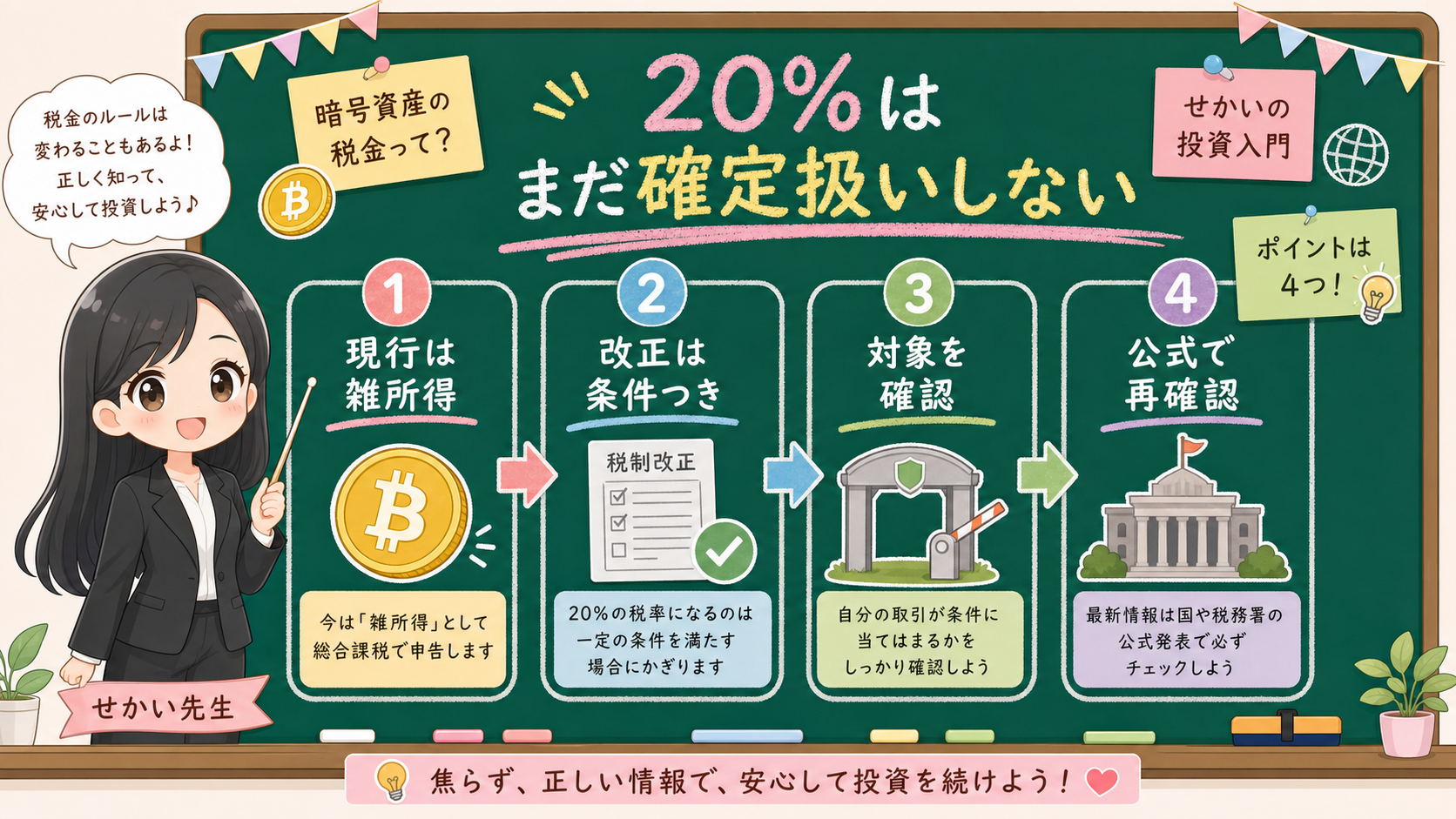せかい先生が黒板で暗号資産の税金20%はまだ確定扱いしない、現行は雑所得、改正は条件つき、対象を確認、公式で再確認と説明する図解