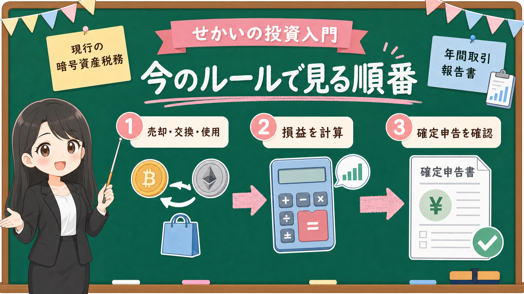 せかい先生が黒板で暗号資産税務の現行ルールとして売却、交換、使用、損益計算、確定申告の順番を説明する図解