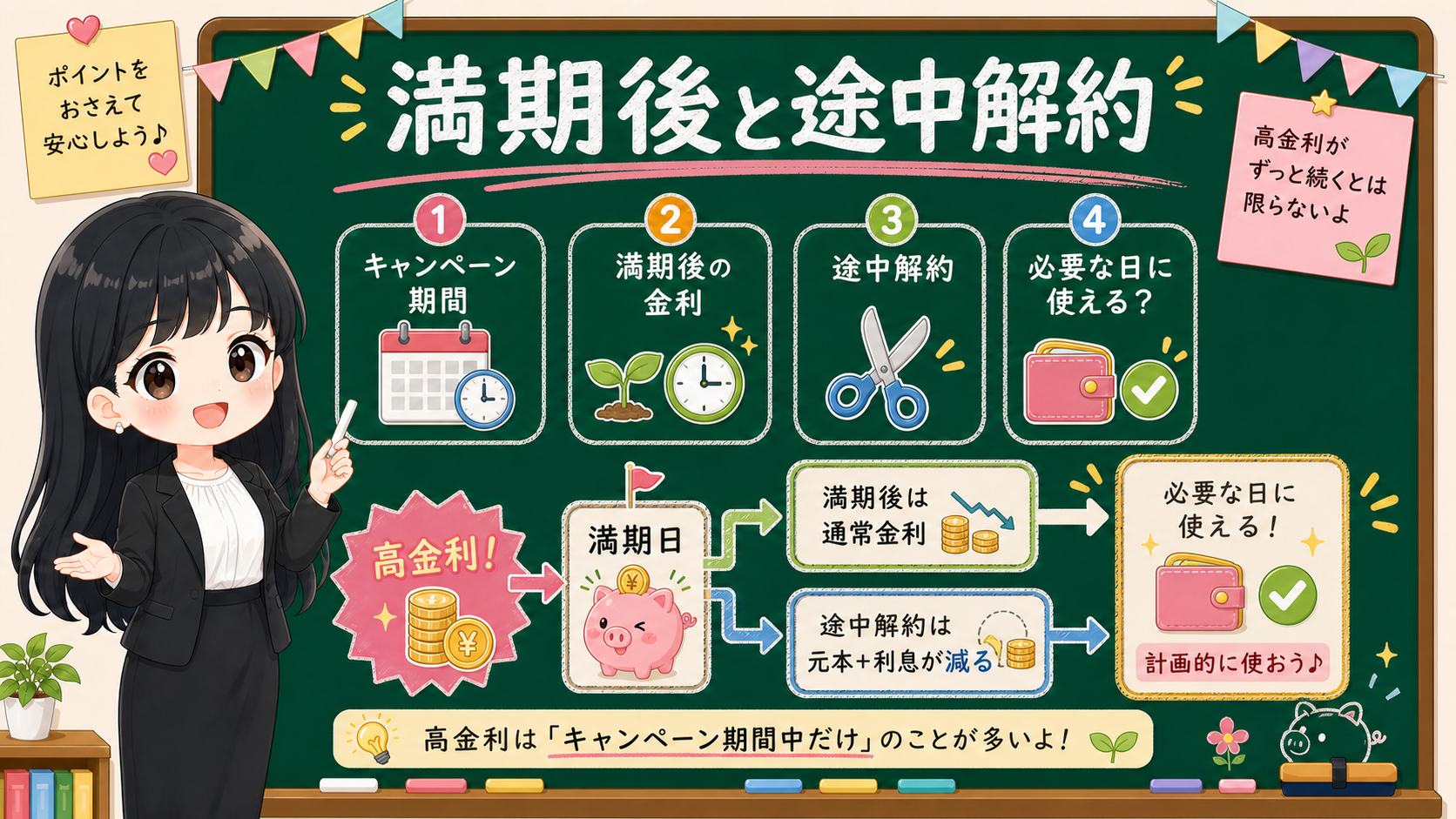 せかい先生が黒板で高金利預金キャンペーンの満期後金利と途中解約を説明する図解