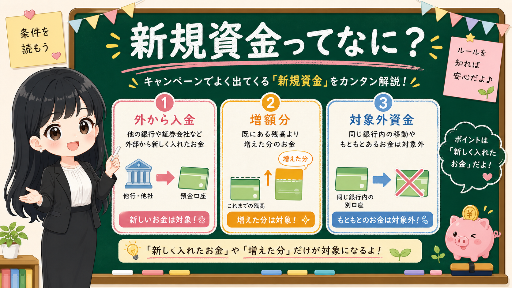 せかい先生が黒板で新規資金、増額分、対象外資金の違いを説明する図解