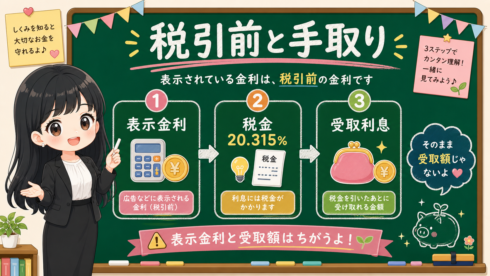せかい先生が黒板で表示金利、税金20.315%、受取利息の違いを説明する図解