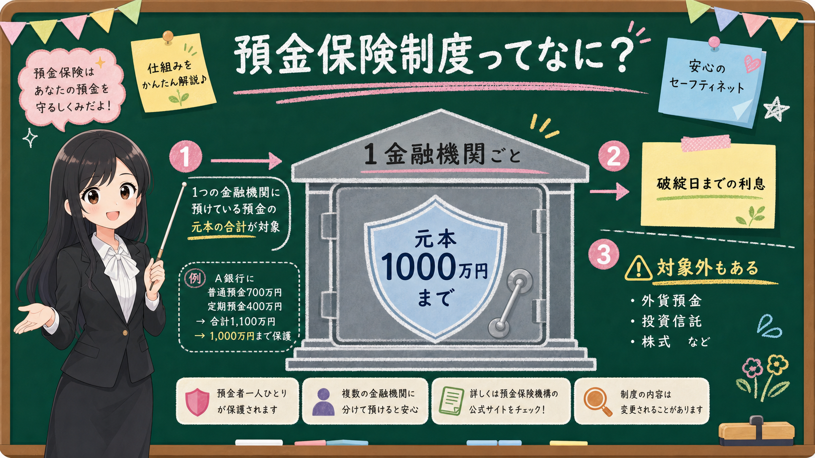 せかい先生が黒板で預金保険の1金融機関ごと、元本1000万円まで、利息も確認、対象外もあるを説明する図解