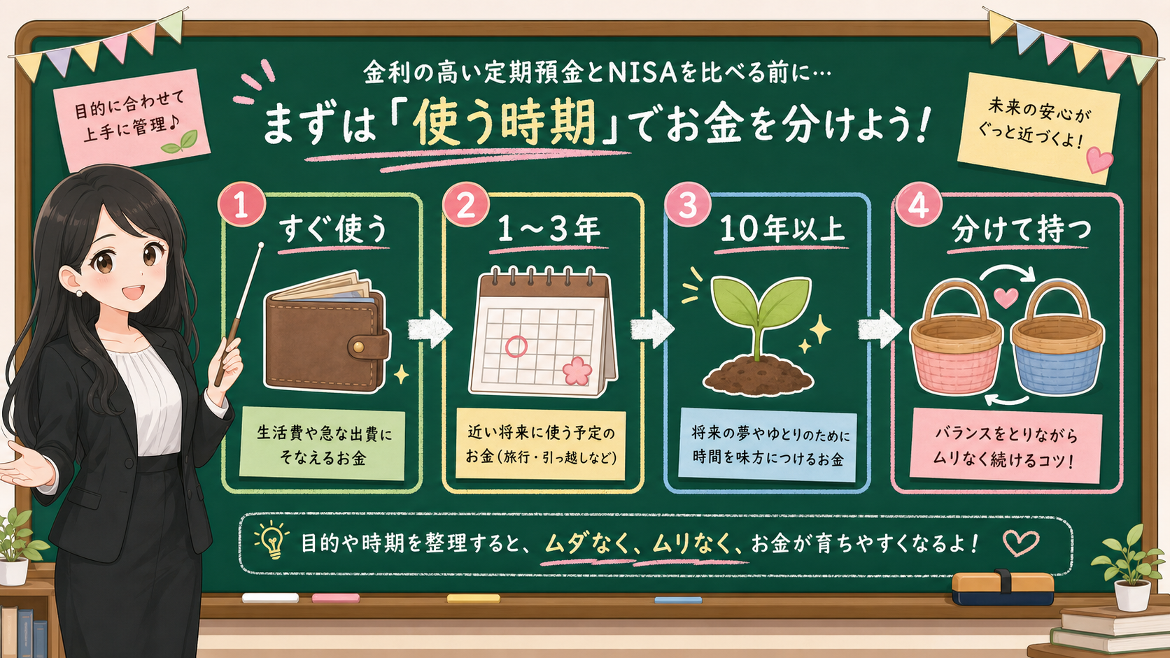 せかい先生が黒板で定期預金とNISAを近いお金、1から3年、10年以上、分けて持つ箱に整理する図解