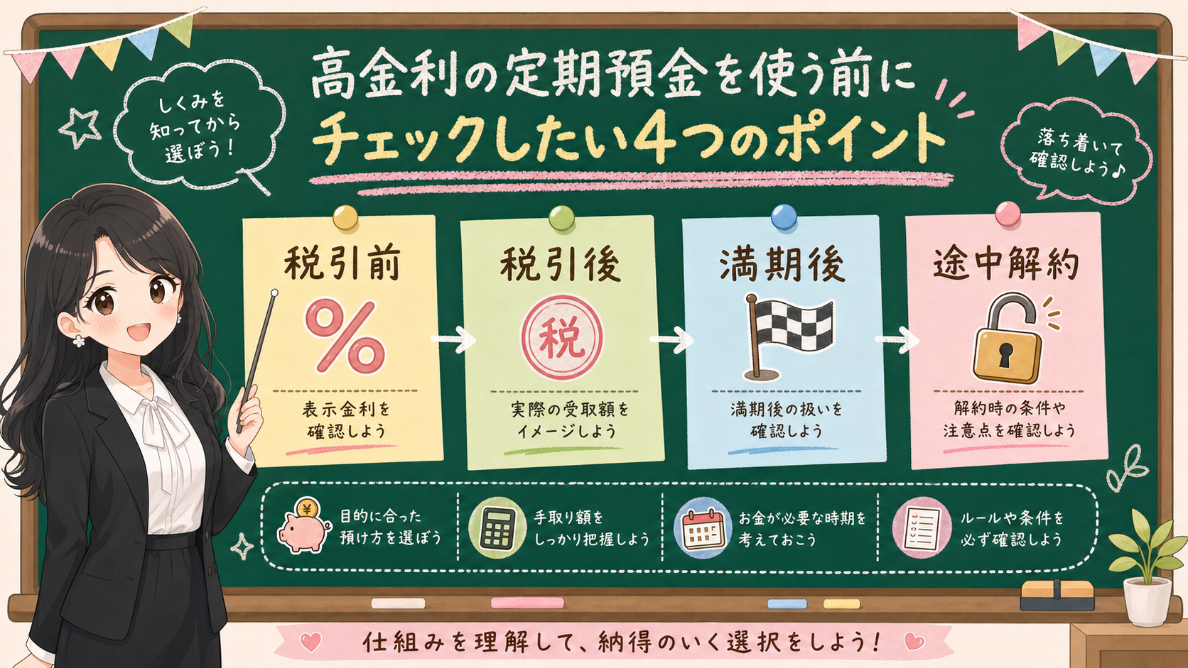 せかい先生が黒板で定期預金の税引前、税引後、満期後、途中解約を確認する図解