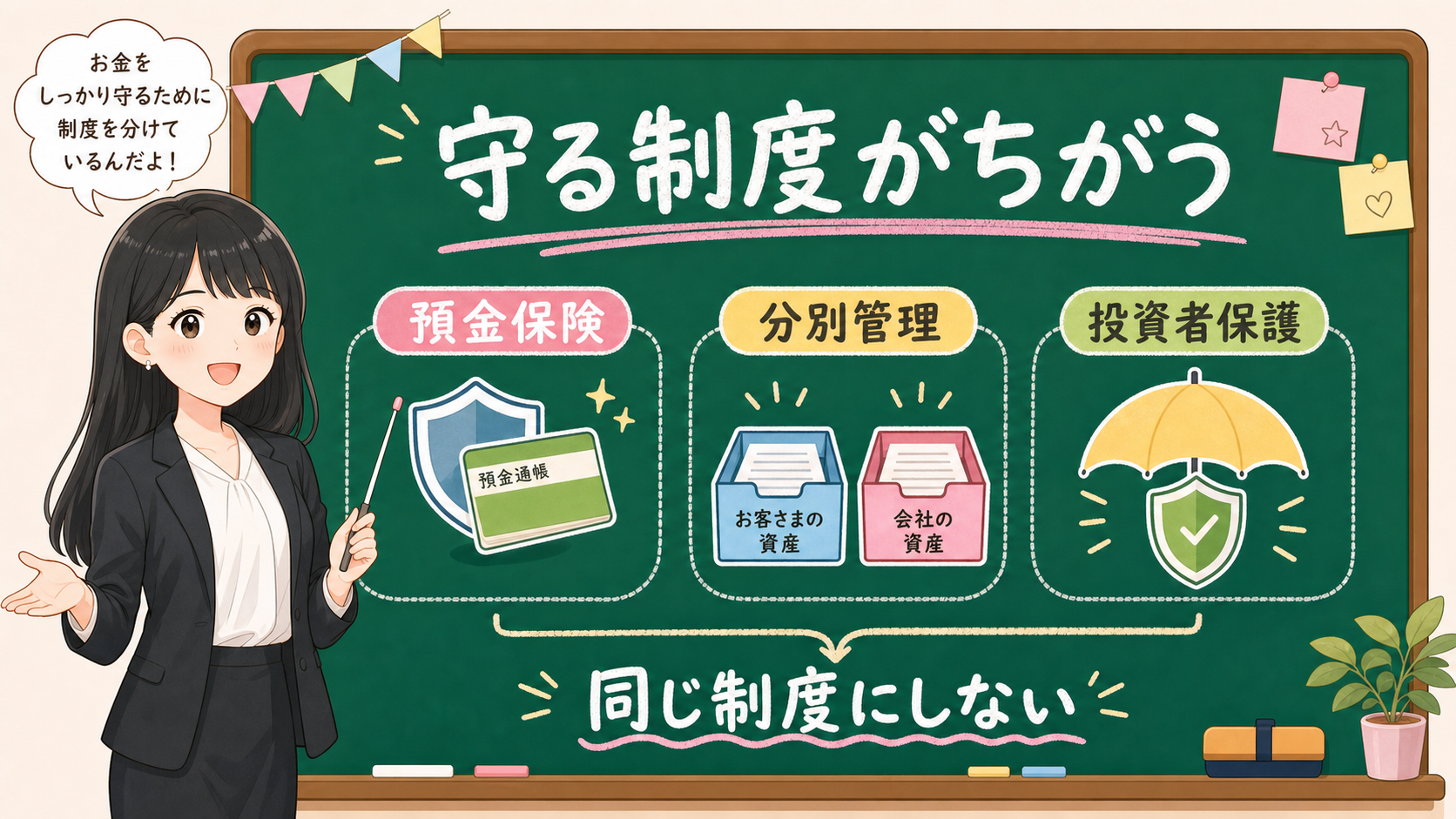 せかい先生が黒板で預金保険、分別管理、投資者保護の違いを説明する図解
