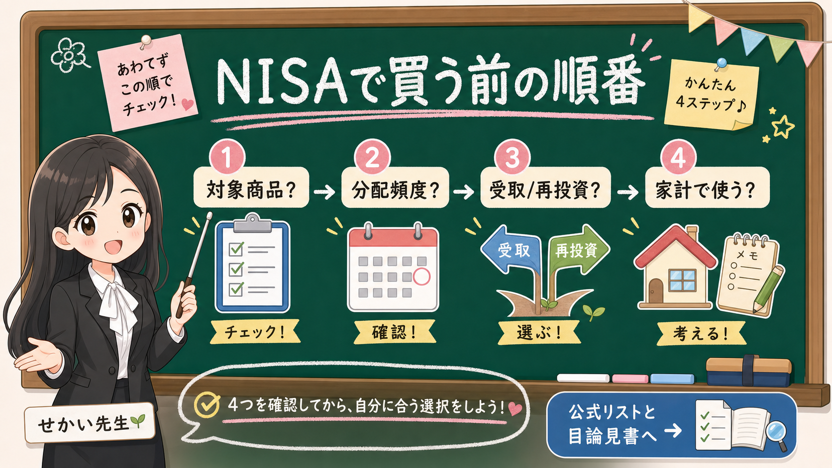 せかい先生が黒板でNISAで買う前に対象商品、分配頻度、受取または再投資、家計用途の順に確認する図解