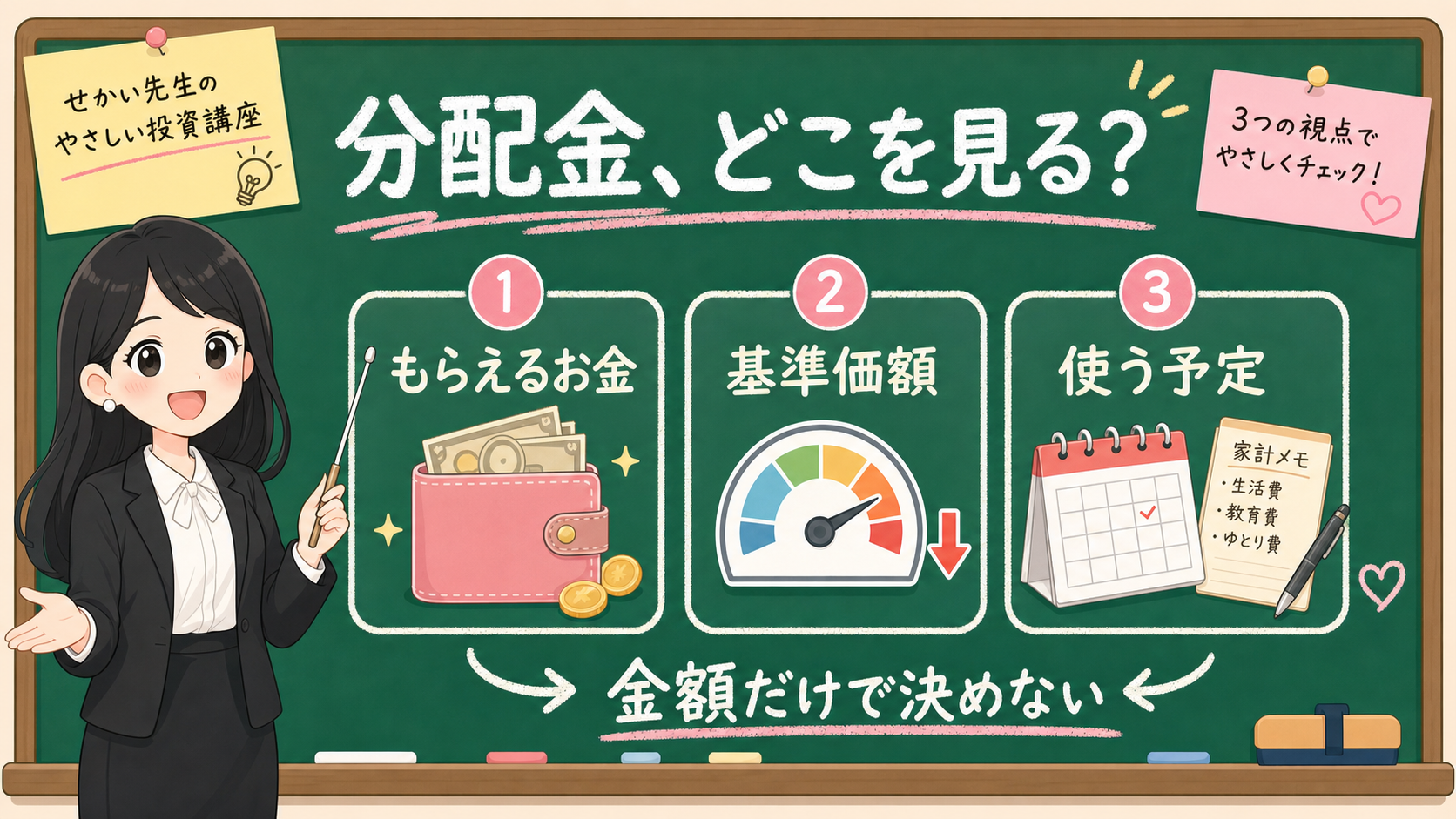 せかい先生が黒板で分配金をもらえるお金、基準価額、使う予定の3つに分けて説明する図解