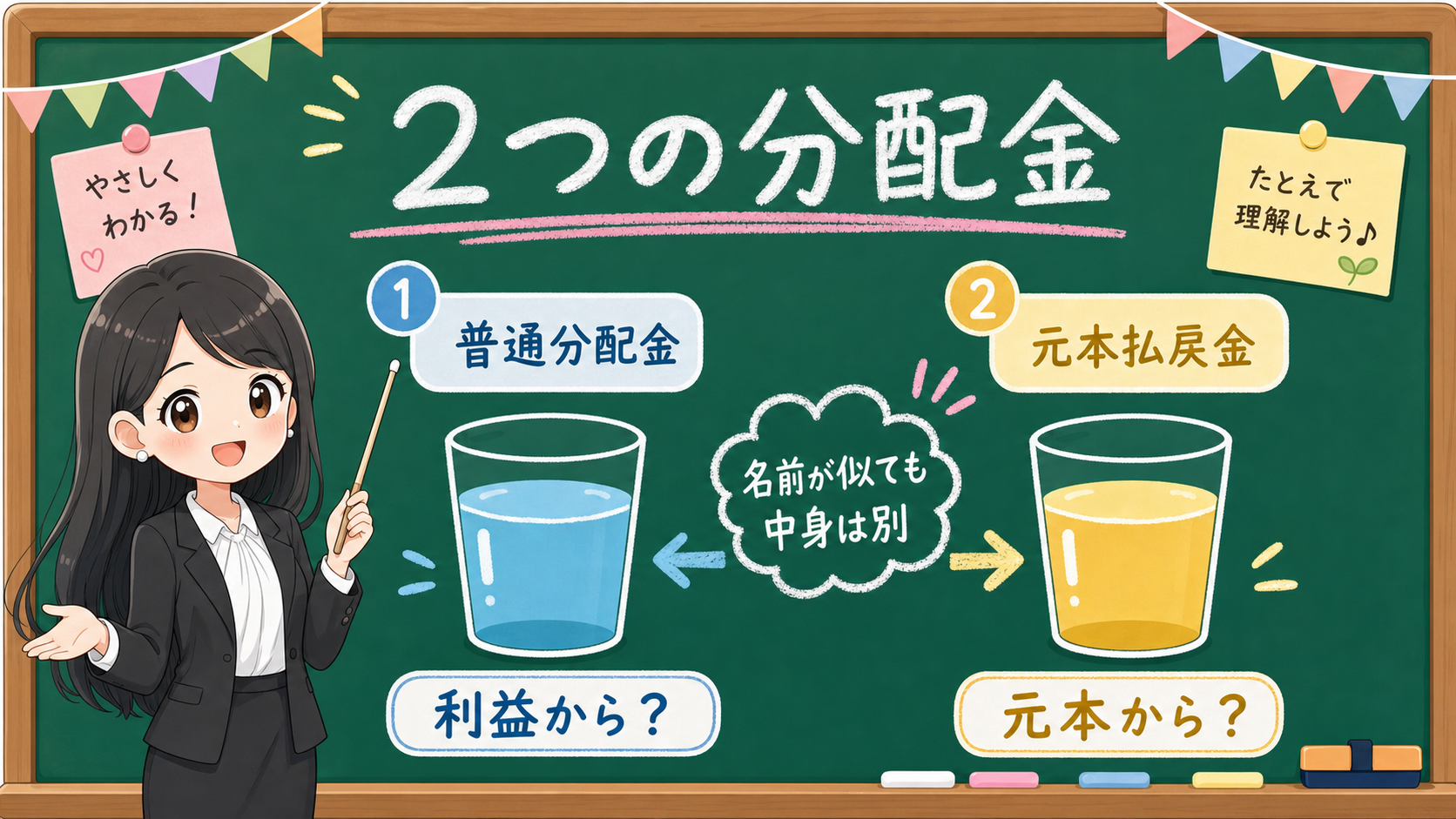 せかい先生が黒板で普通分配金と元本払戻金を2つのコップに分けて説明する図解