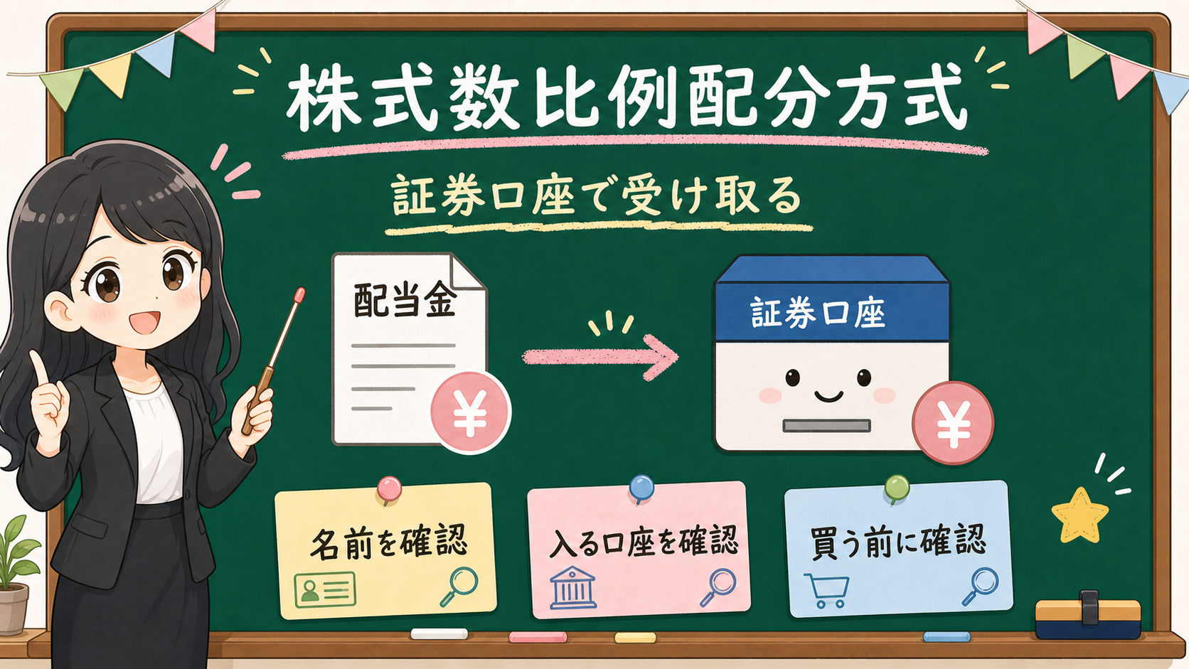 せかい先生が黒板で、株式数比例配分方式を証券口座で受け取る箱として説明する図解