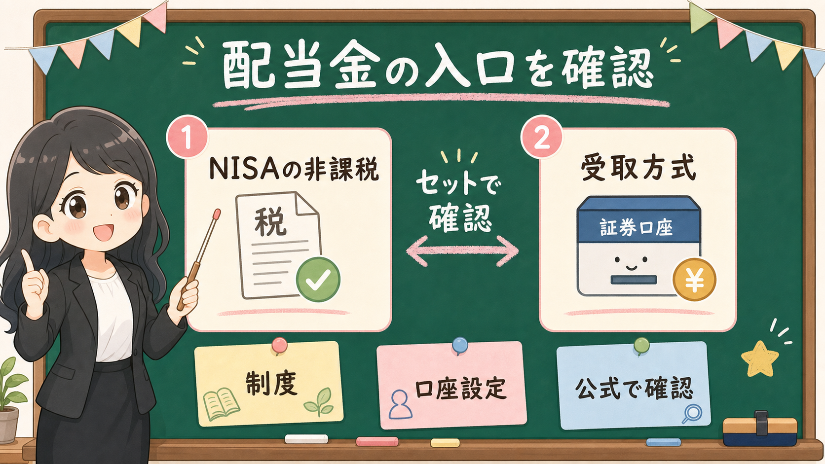 せかい先生が黒板で、NISAの非課税と配当金の受取方式を別の箱に分けて公式確認へ戻す図解