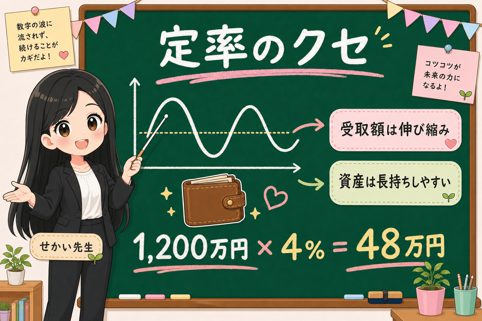 せかい先生が定率取り崩しでは残高に連動して受取額が伸び縮みするため資産が長持ちしやすいが受取額は変動することを説明する図解