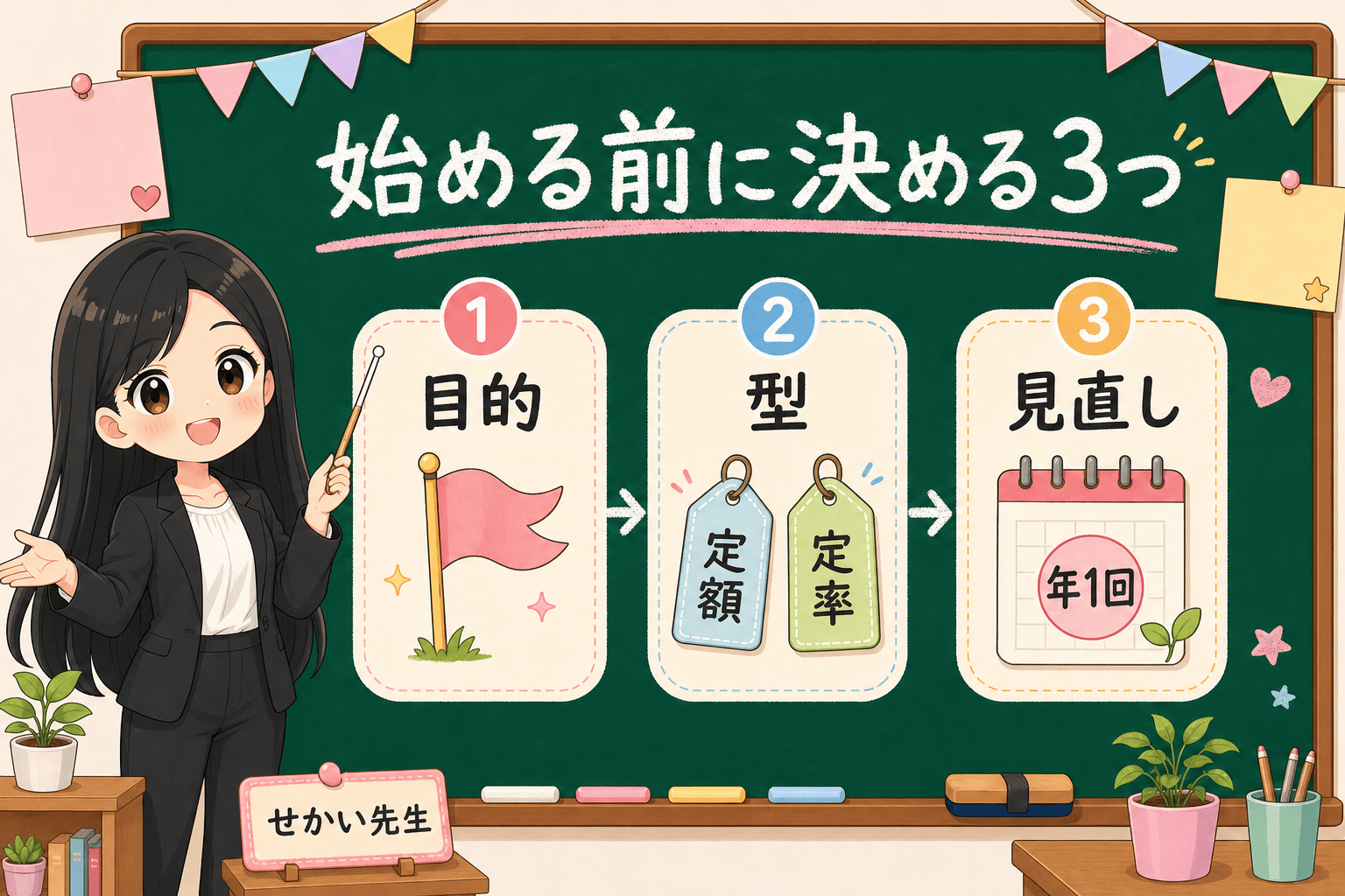 せかい先生が取り崩しを始める前に決める3つ、何のためいつまでの目的、定額か定率かの型、年1回の見直しを説明する図解