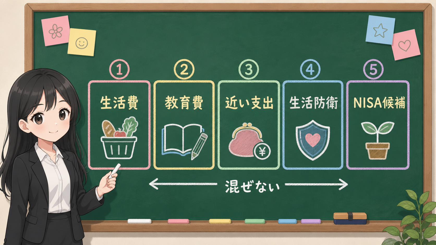 せかい先生が生活費、教育費、近い支出、生活防衛、NISA候補を5つの箱に分けて説明する黒板図解