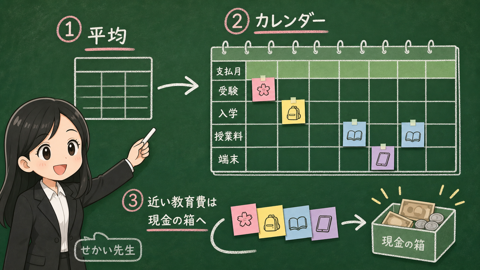 せかい先生が平均額ではなく支払月をカレンダーで確認するよう説明する黒板図解