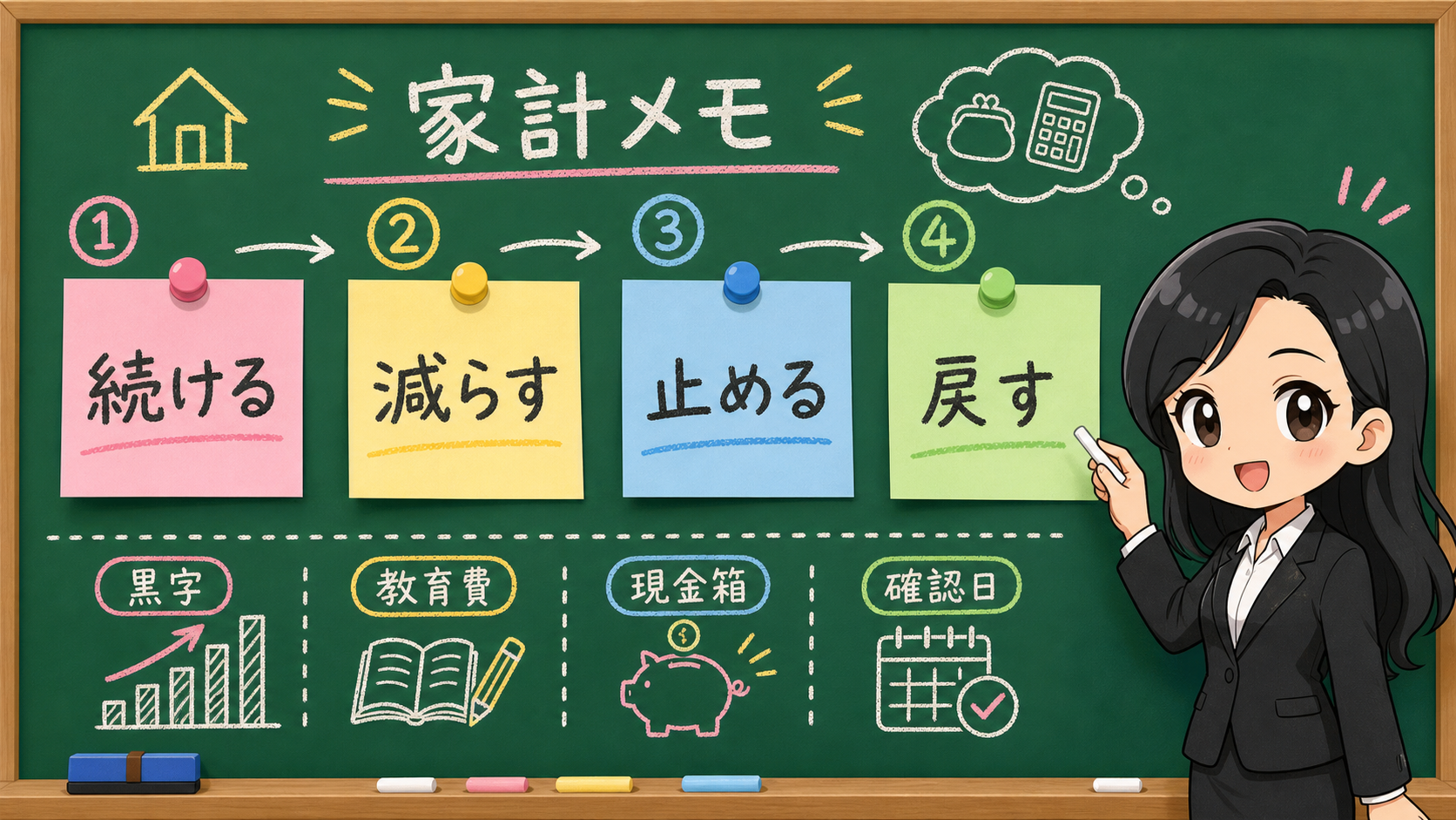 せかい先生が教育費の支払月に合わせて続ける、減らす、止める、戻すを家計メモに分ける黒板図解