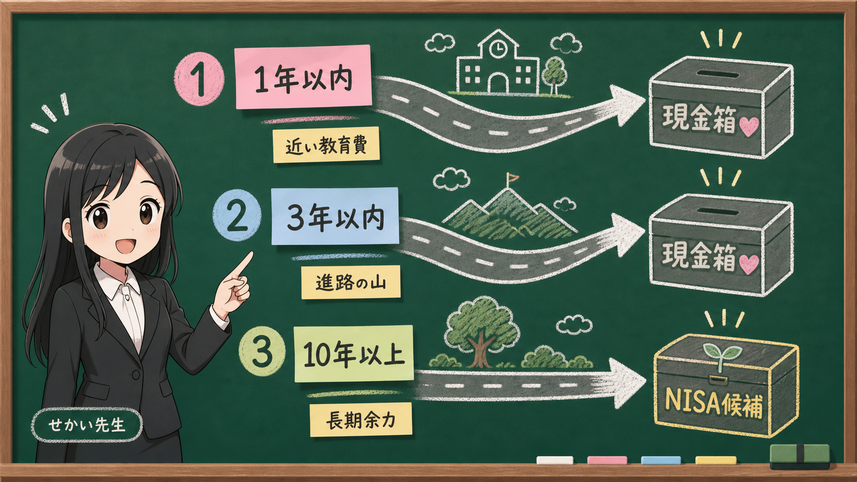 せかい先生が1年以内、3年以内、10年以上の時間軸で現金箱とNISA候補を分ける黒板図解