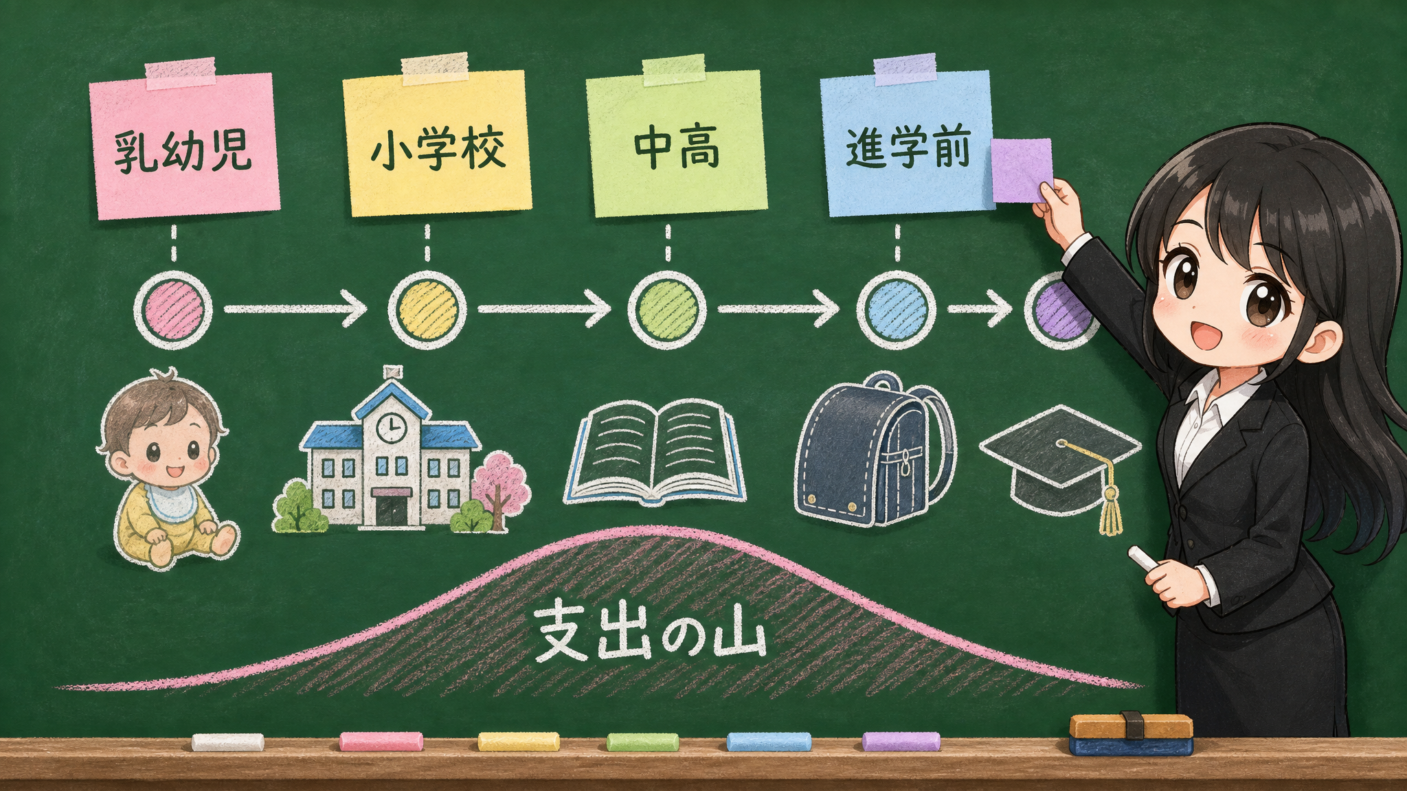 子育て世帯の支出の山を年齢別に見る黒板図解