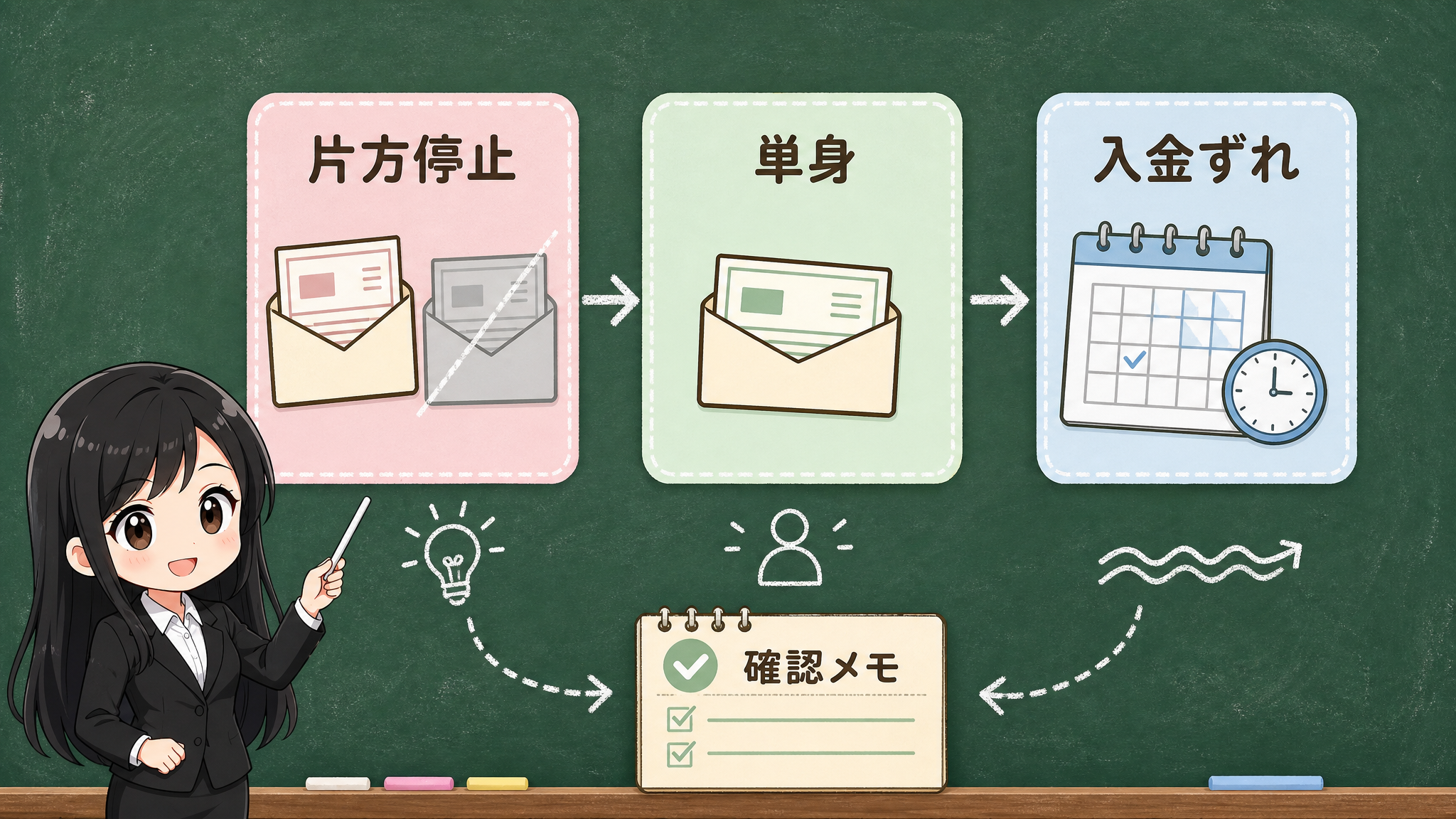 共働き、単身、自営業の収入停止テストを分ける黒板図解