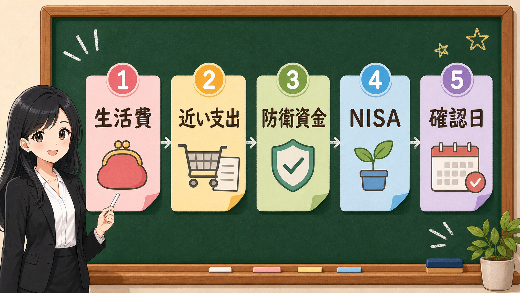 生活費、近い支出、防衛資金、NISA、確認日を5つの箱に分ける黒板図解