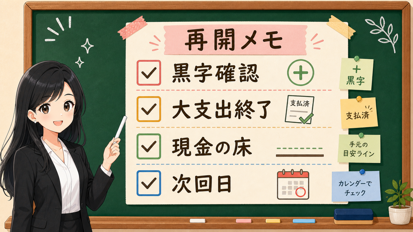 黒字確認、大支出終了、現金の床、次回日を再開メモにする黒板図解