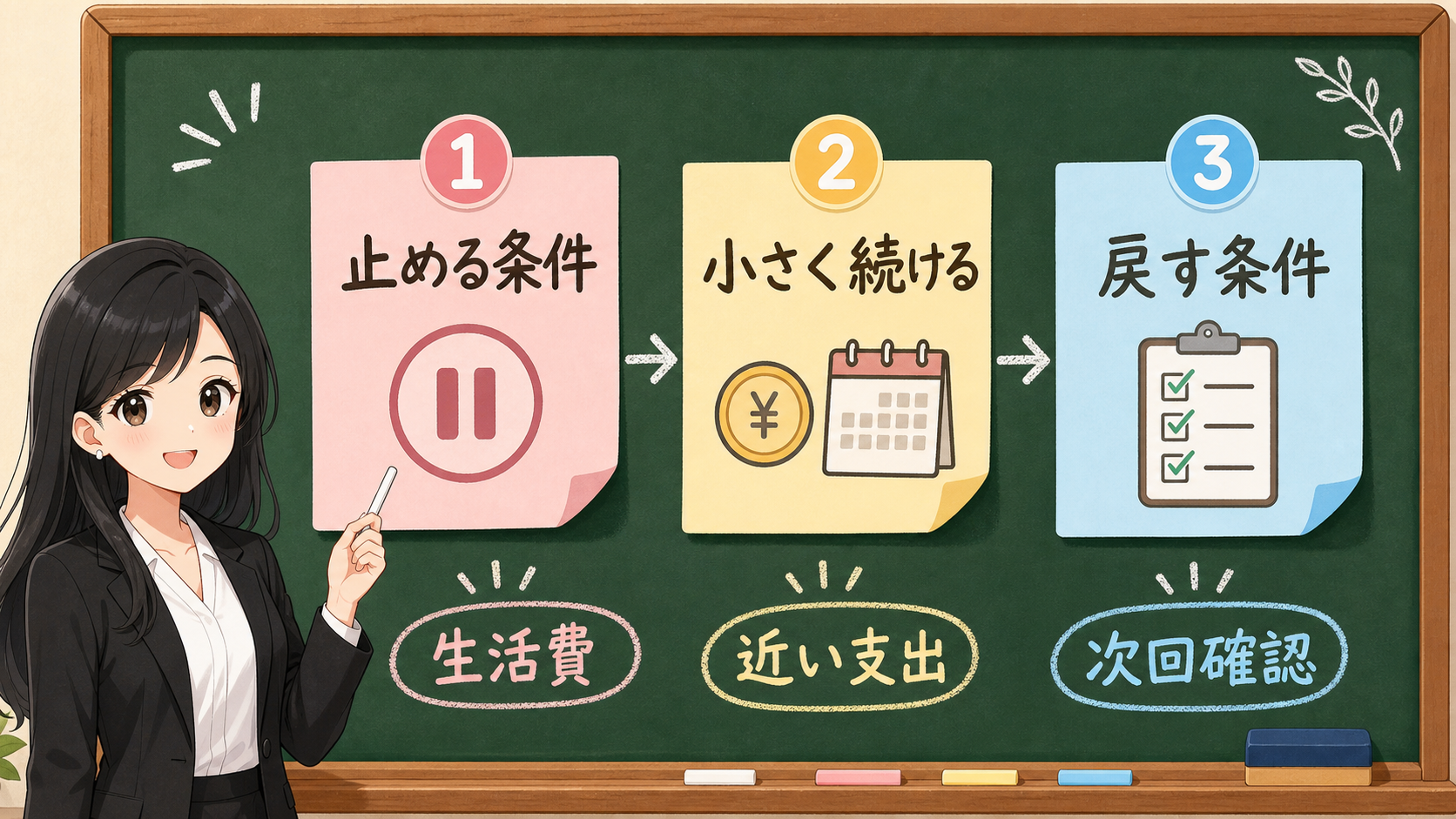 生活防衛資金を貯めながらNISAの新規入金を止める、小さく続ける、戻す条件へ分ける黒板図解