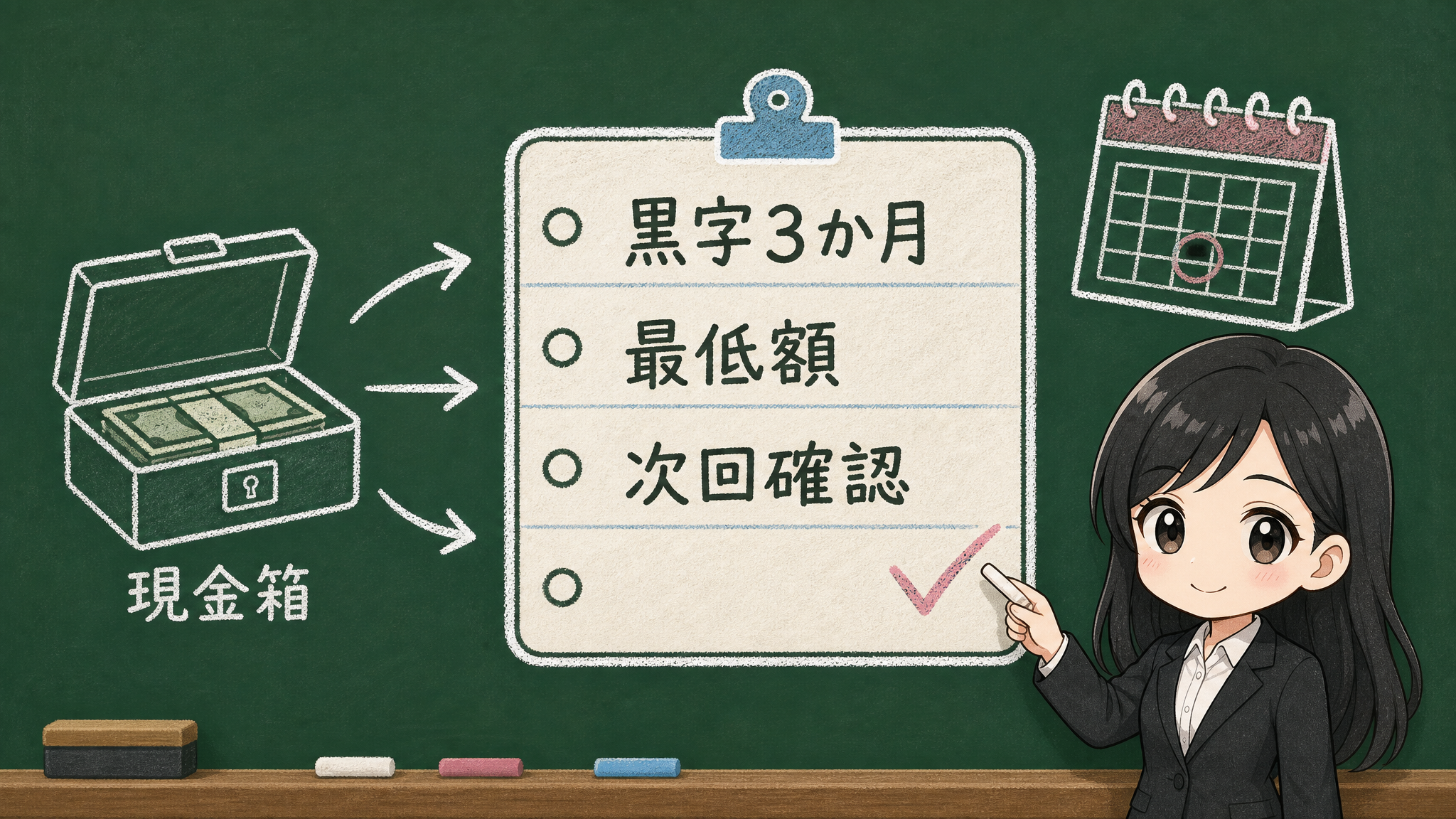 現金箱が戻った後の再開条件メモを示す黒板図解