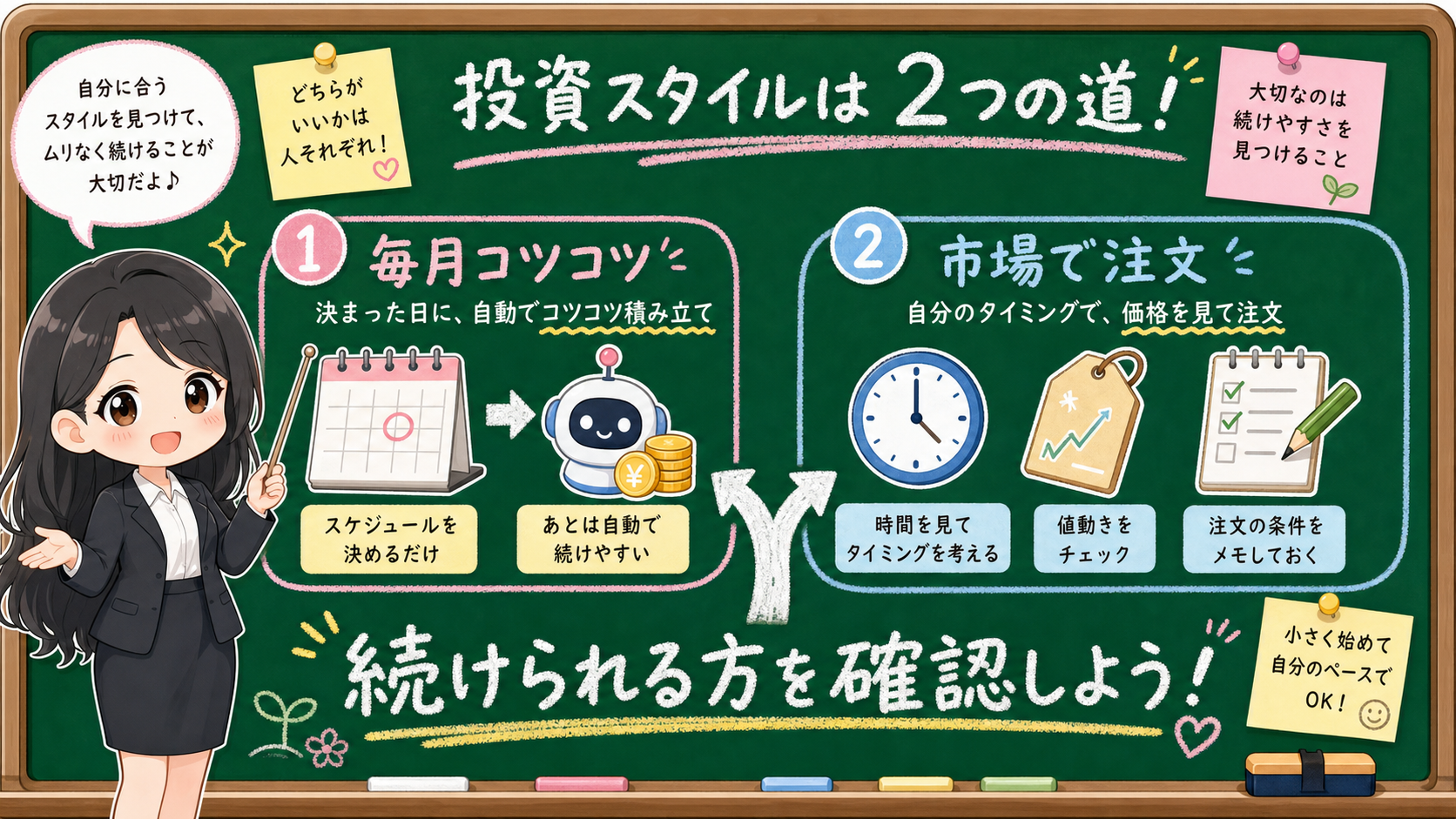 せかい先生が毎月コツコツと市場で注文の2つの道を黒板で説明する図解