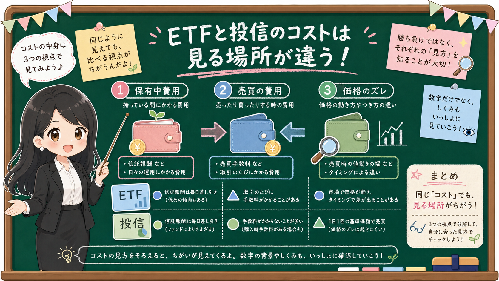 せかい先生がETFと投資信託の費用を保有中費用、売買費用、価格のズレの3つの財布で説明する図解