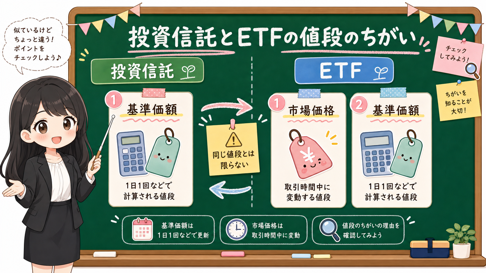 投資信託の基準価額とETFの市場価格・基準価額を2枚のカードで分ける黒板図解