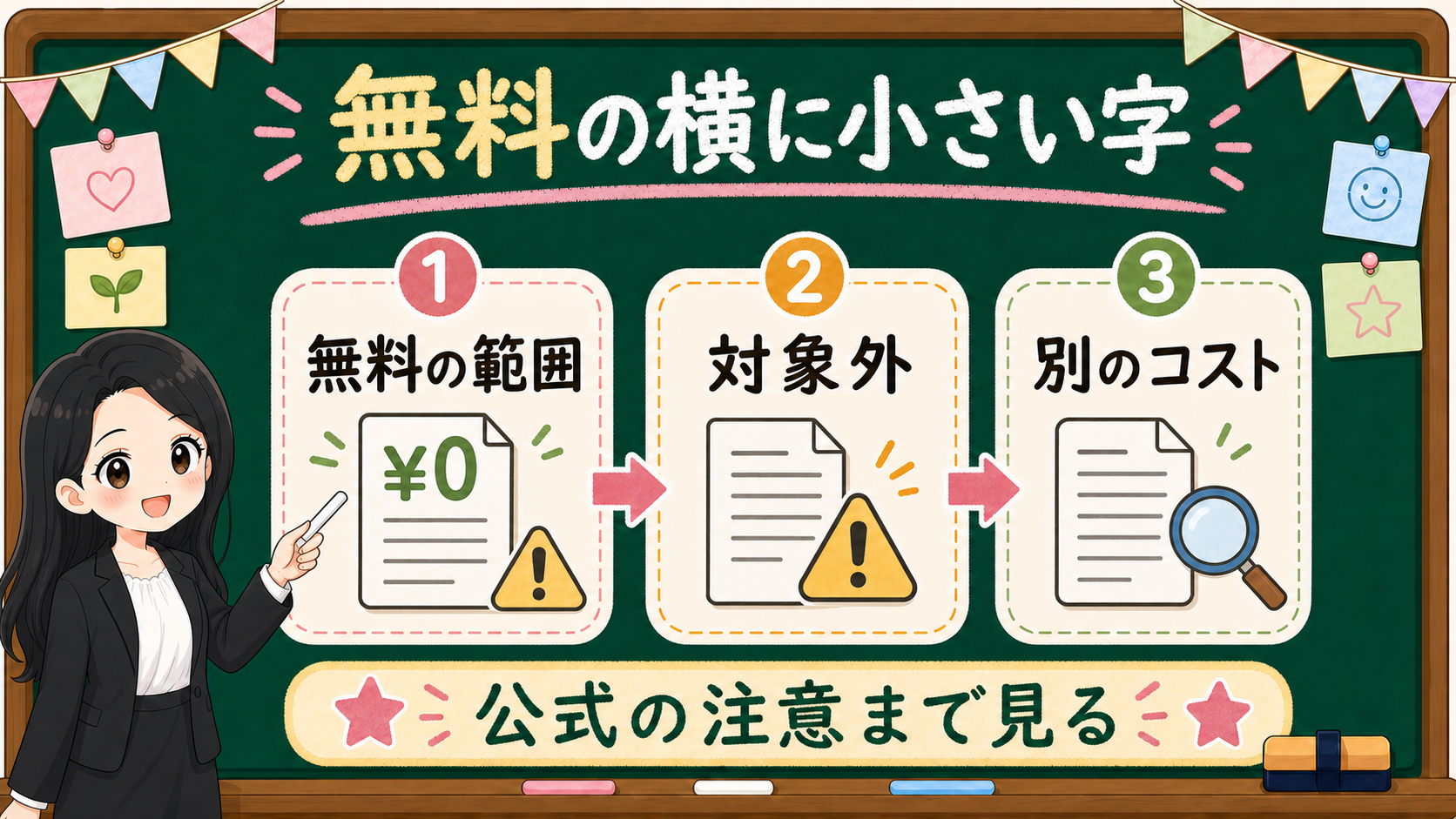 0円表示の範囲、対象外、別のコストを公式注意まで確認する黒板図解