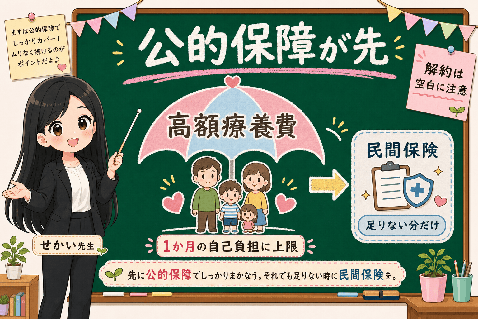 せかい先生が保険の見直しはまず高額療養費など公的保障の傘を確かめ、足りない部分だけを民間保険で埋める順番を説明する図解