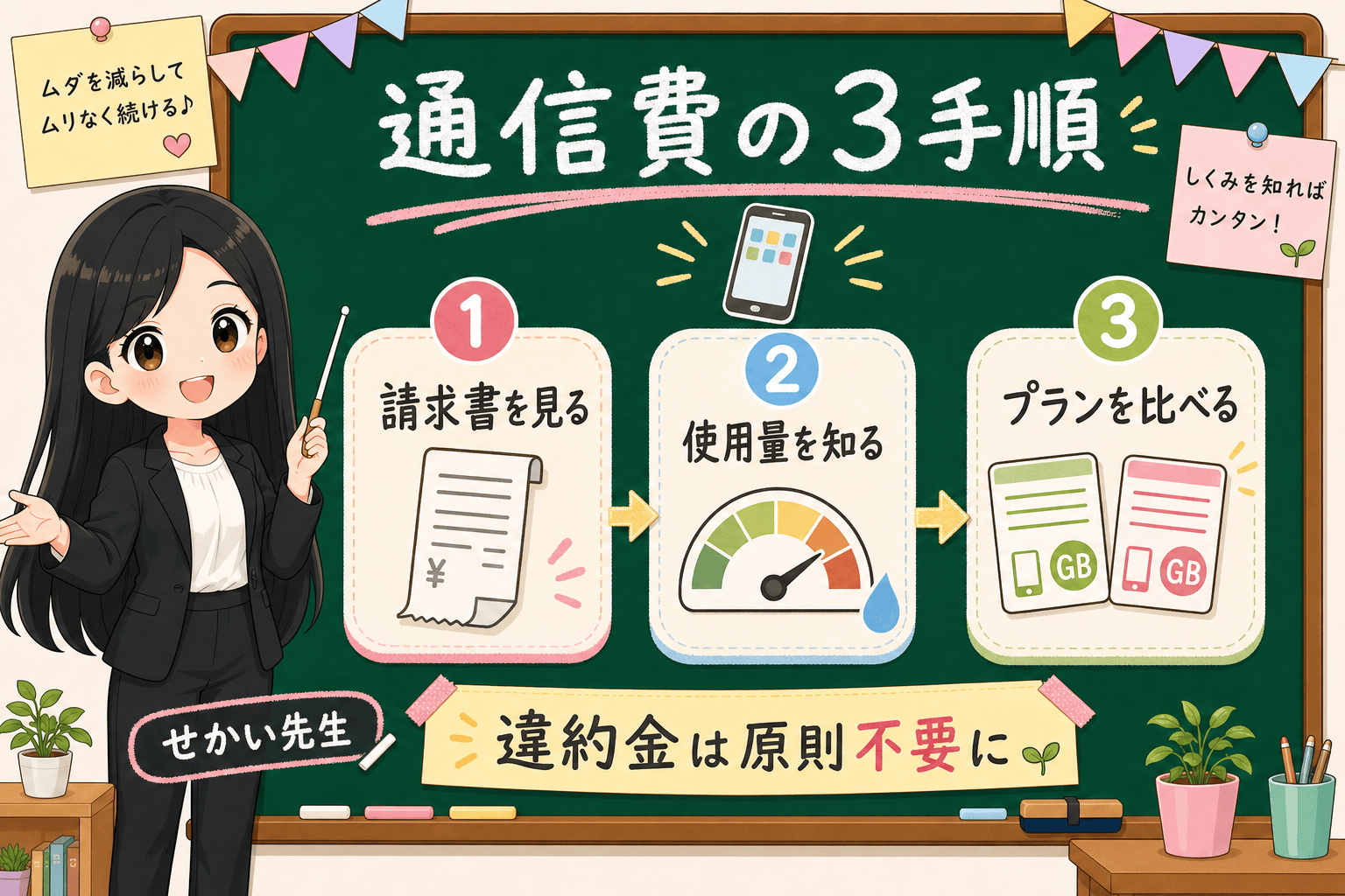せかい先生がスマホの料金プラン見直しの手順として請求書の確認、データ使用量の確認、プラン比較を示し、公式情報は総務省携帯電話ポータルサイトで確認できることを説明する図解