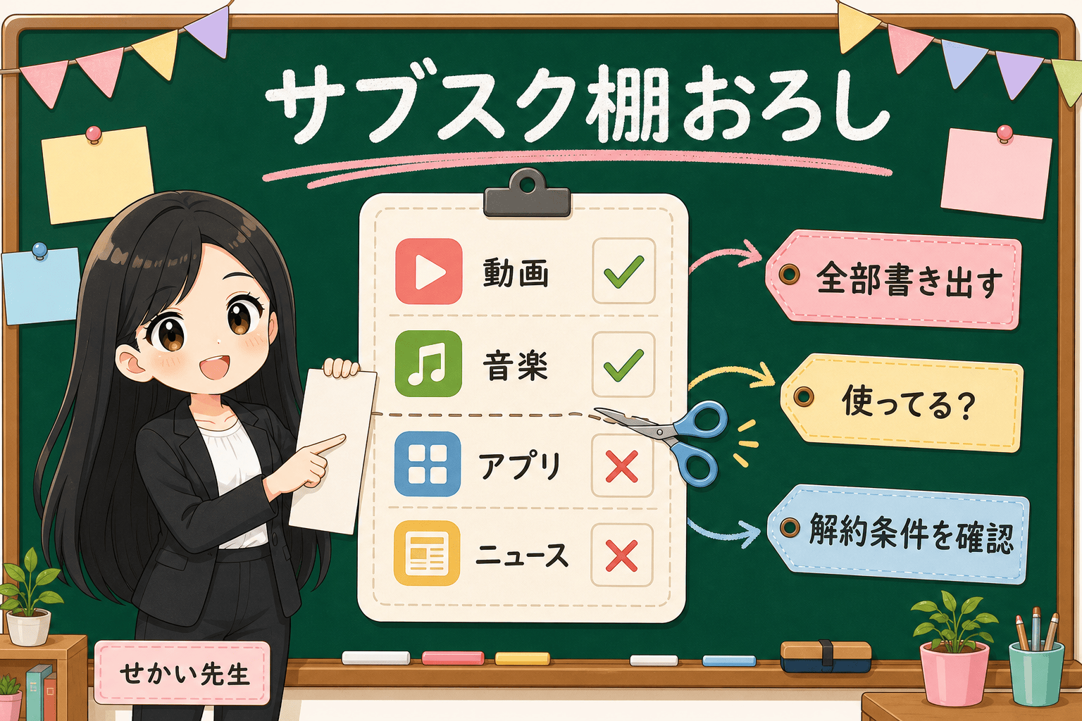 せかい先生がサブスクの棚おろしとして明細から全サービスを書き出し、使っているかを確かめ、解約条件を確認してから止める3ステップを説明する図解