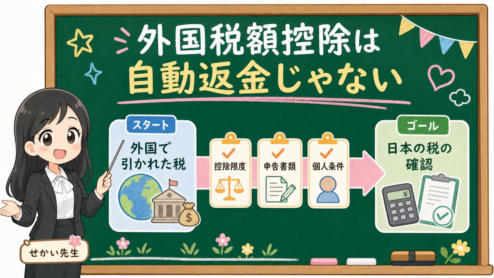 せかい先生が黒板で、外国税額控除は自動返金ではなく、控除限度、申告書類、個人条件を確認する制度だと説明する図解